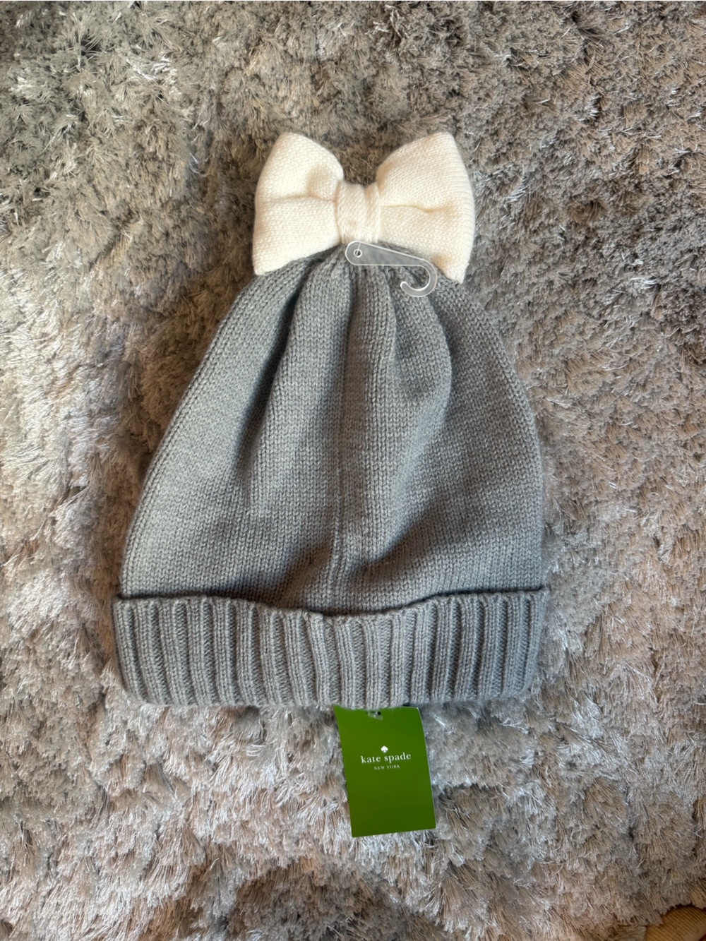 NWT kate spade Kids Gray Knit Beanie with Cream Bow